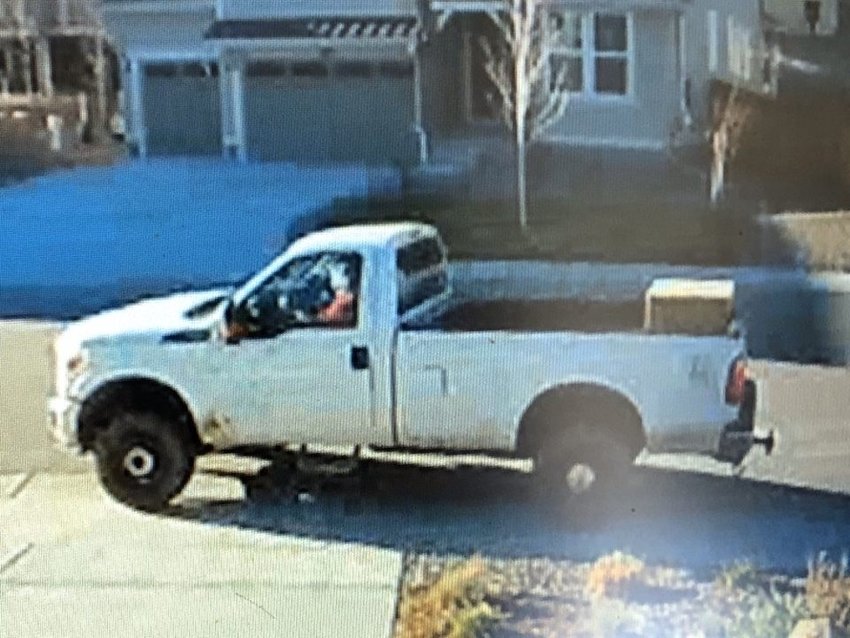 This image provided by the Douglas County Sheriff's Office shows the truck deputies are searching for as photographed by a neighbor's security camera in Castle Pines April 29.